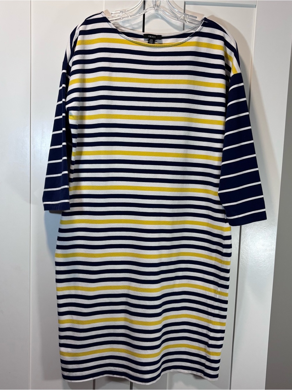 IMNYC Isaac Mizrahi Cotton Shift Dress M Navy White Yellow Striped 3/4 Sleeve